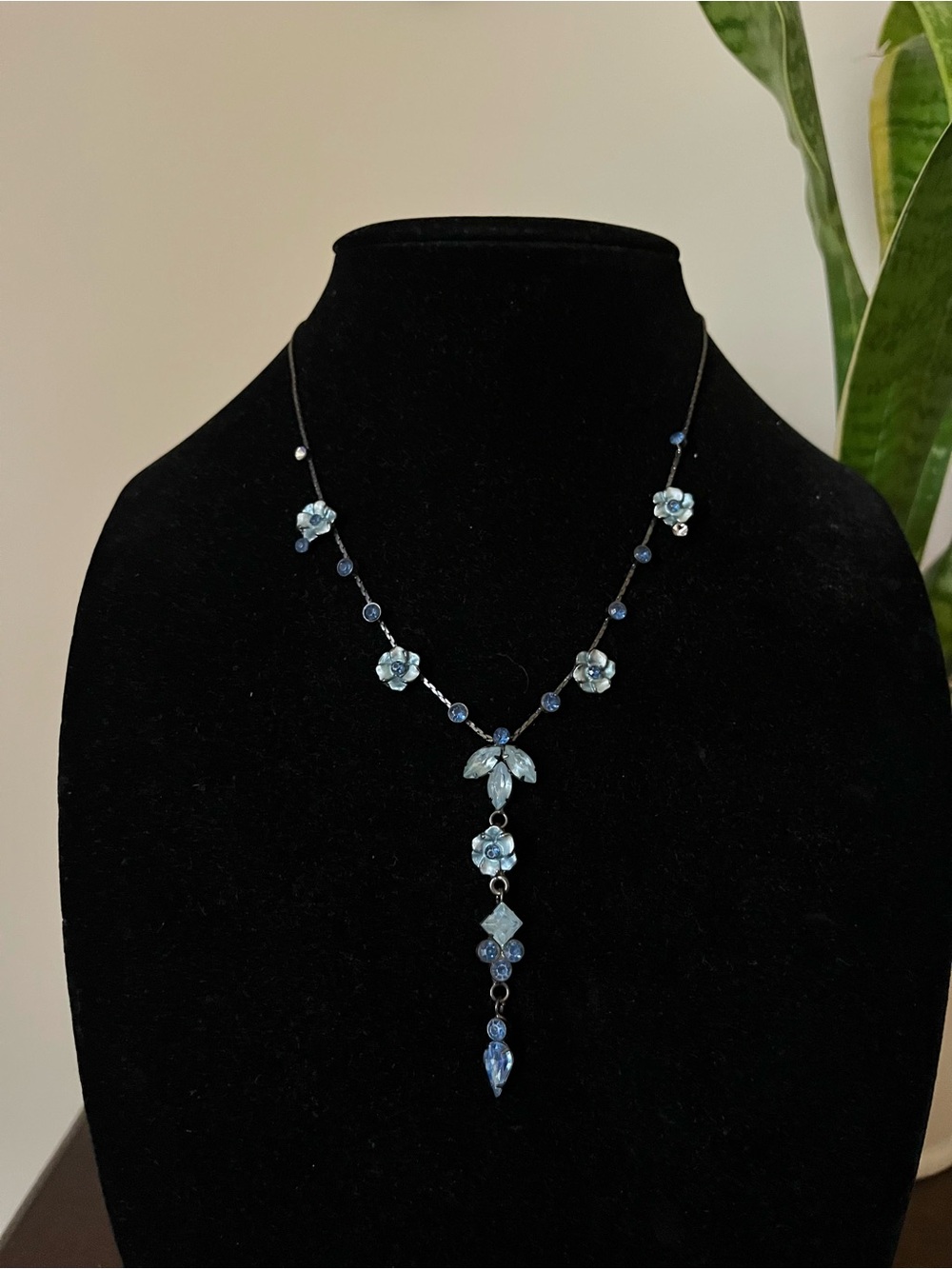 Y2K Floral Y Drop Blue Rhinestone Necklace